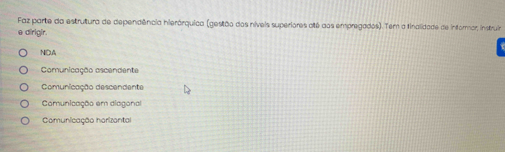 Faz parte da estrutura de dependência hierárquica (gestão dos níveis superiores até aos empregados). Tem a finalidade de informar, instruir
e dirigir.
NDA
Comunicação ascendente
Comunicação descendente
Comunicação em diagonal
Comunicação horizontal