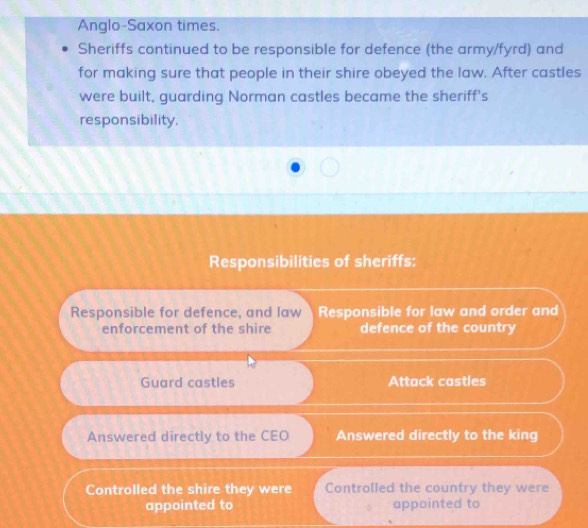 Anglo-Saxon times.
Sheriffs continued to be responsible for defence (the army/fyrd) and
for making sure that people in their shire obeyed the law. After castles
were built, guarding Norman castles became the sheriff's
responsibility.
Responsibilities of sheriffs:
Responsible for defence, and law Responsible for law and order and
enforcement of the shire defence of the country
Guard castles Attack castles
Answered directly to the CEO Answered directly to the king
Controlled the shire they were Controlled the country they were
appointed to appointed to