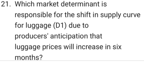 Which market determinant is 
responsible for the shift in supply curve 
for luggage (D1) due to 
producers' anticipation that 
luggage prices will increase in six
months?