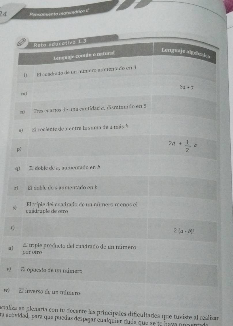 Pensamiento matemático II
r
s
t)
u)
v)
w) 
ocializ docente las principales dificultades que tuviste al realizar
ta actividad, para que puedas despejar cualquier duda que se te hava presentado