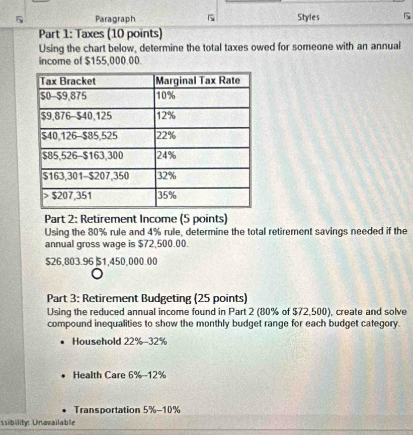 Paragraph Styles 5 
Part 1: Taxes (10 points) 
Using the chart below, determine the total taxes owed for someone with an annual 
income of $155,000.00. 
Part 2: Retirement Income (5 points) 
Using the 80% rule and 4% rule, determine the total retirement savings needed if the 
annual gross wage is $72,500.00.
$26,803.96| 51,450,000.00
Part 3: Retirement Budgeting (25 points) 
Using the reduced annual income found in Part 2 (80% of $72,500), create and solve 
compound inequalities to show the monthly budget range for each budget category. 
Household 22% - 32%
Health Care 6% - 12%
Transportation 5% - 10%
ssibility: Unavailable