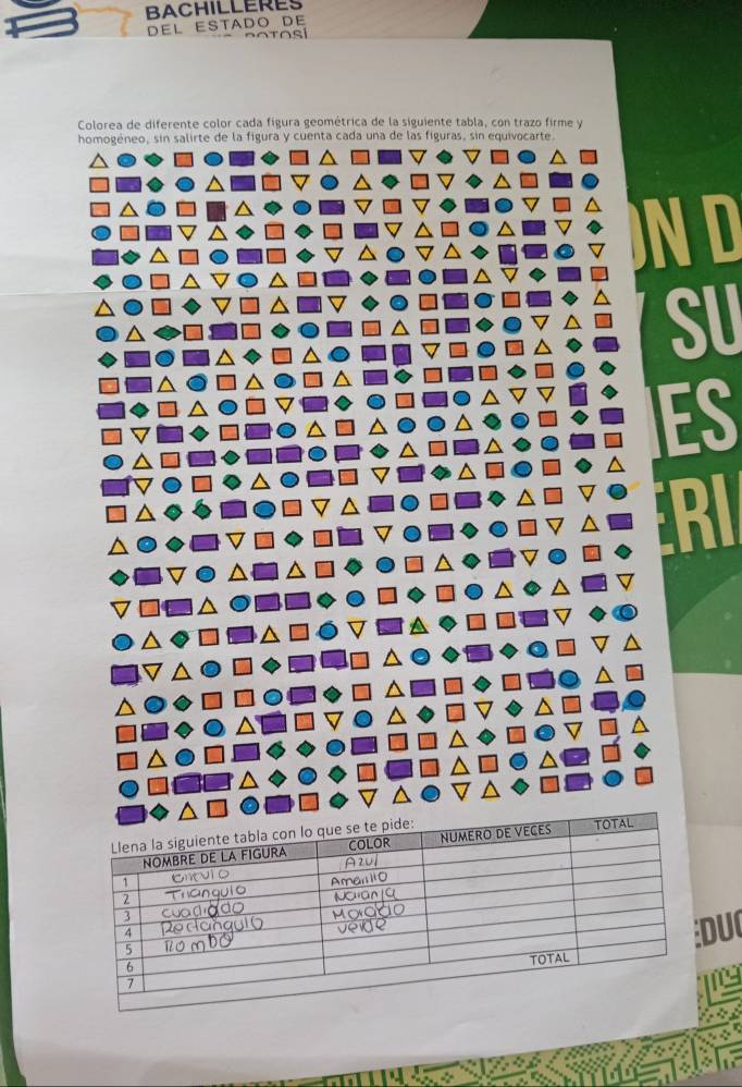 BACHILLERES 
DEL ESTADO DE 
Colorea de diferente color cada fígura geométrica de la siguiente tabla, con trazo firme y 
homogéneo, sin salirte de la figura y cuenta cada una de las figuras, sin equivocarte. 

SU 
ES 
RI 
U