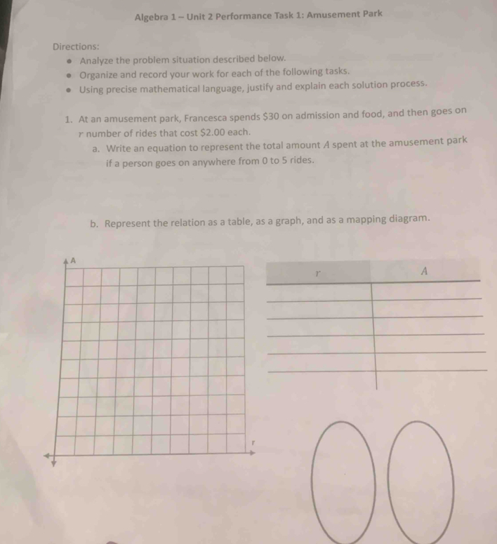 Algebra 1 - Unit 2 Performance Task 1: Amusement Park 
Directions: 
Analyze the problem situation described below. 
Organize and record your work for each of the following tasks. 
Using precise mathematical language, justify and explain each solution process. 
1. At an amusement park, Francesca spends $30 on admission and food, and then goes on 
r number of rides that cost $2.00 each. 
a. Write an equation to represent the total amount A spent at the amusement park 
if a person goes on anywhere from 0 to 5 rides. 
b. Represent the relation as a table, as a graph, and as a mapping diagram.