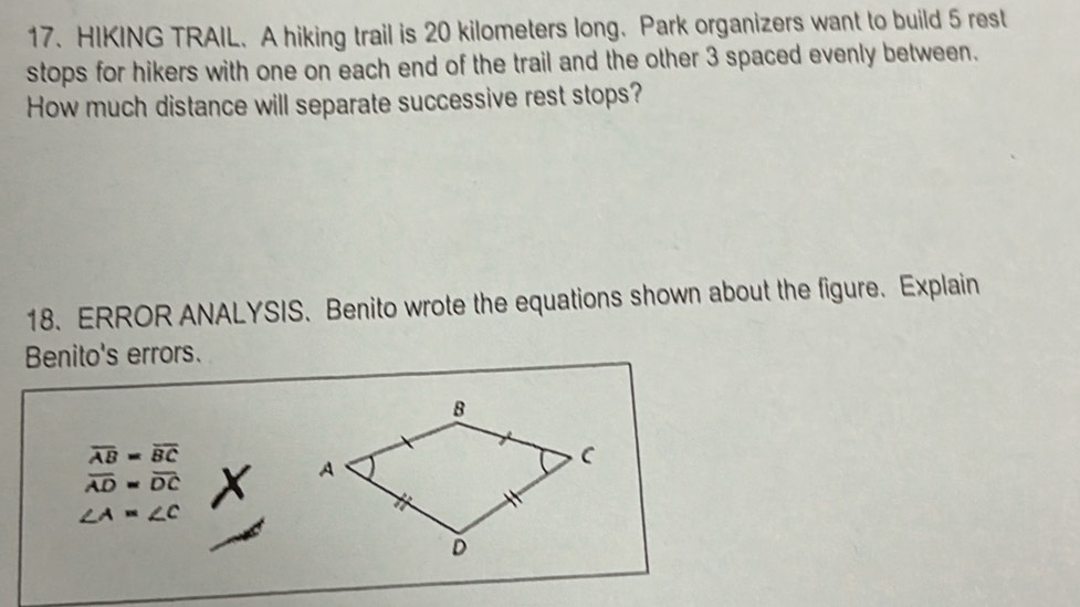 Solved: HIKING TRAIL. A hiking trail is 20 kilometers long. Park ...