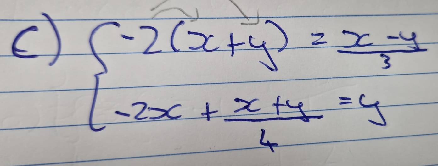 () beginarrayl -2(x+y)= (x-y)/3  -2x+ (x+y)/4 =yendarray.