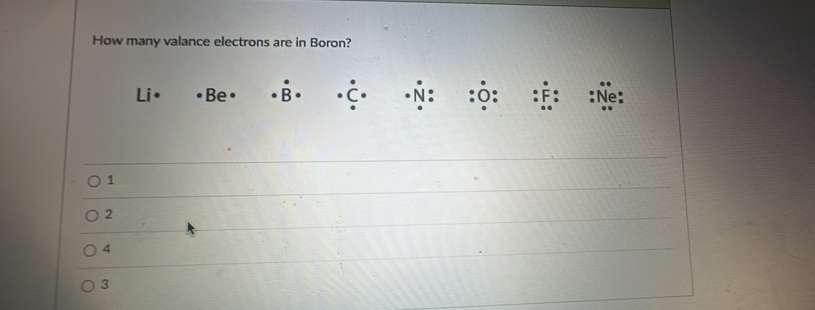 How many valance electrons are in Boron?
Be
Ñ:
1
2
4
3