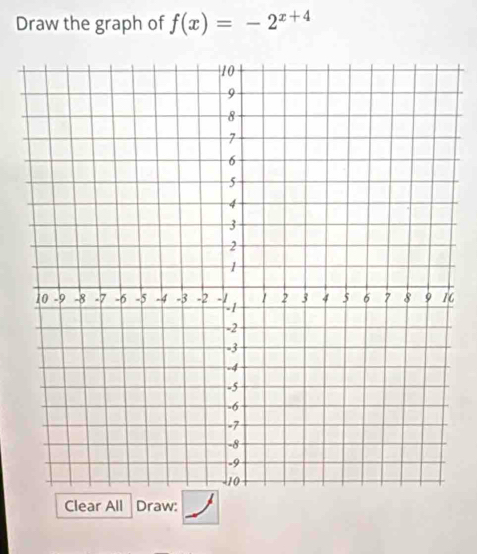 Draw the graph of f(x)=-2^(x+4)
6
Clear All Draw: