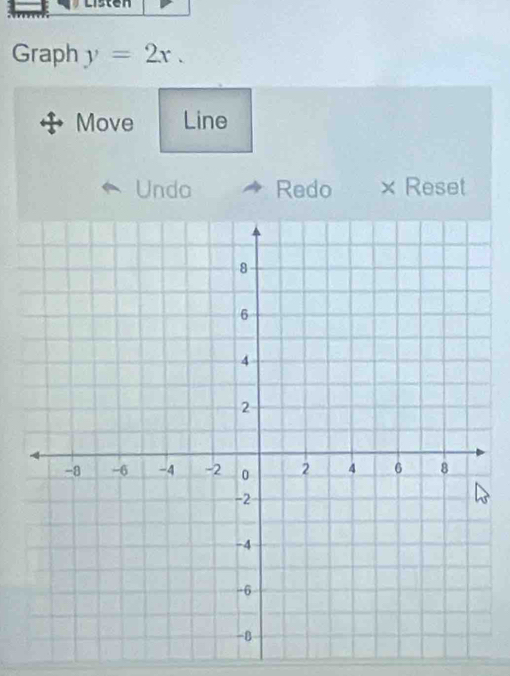 Graph y=2x. 
Move Line 
Unda Redo × Reset