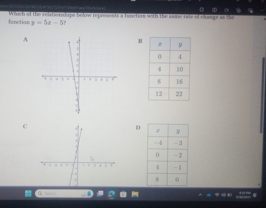 dent/3670305/24746728/473627297e710fee91aea78bcfe3ace2 
Which of the relationships below represents a function with the same rate of change as the 
function y=5x-5 ? 
A 
B 
C 
D 
9:32 PMM 
Q Search 9/30/2024