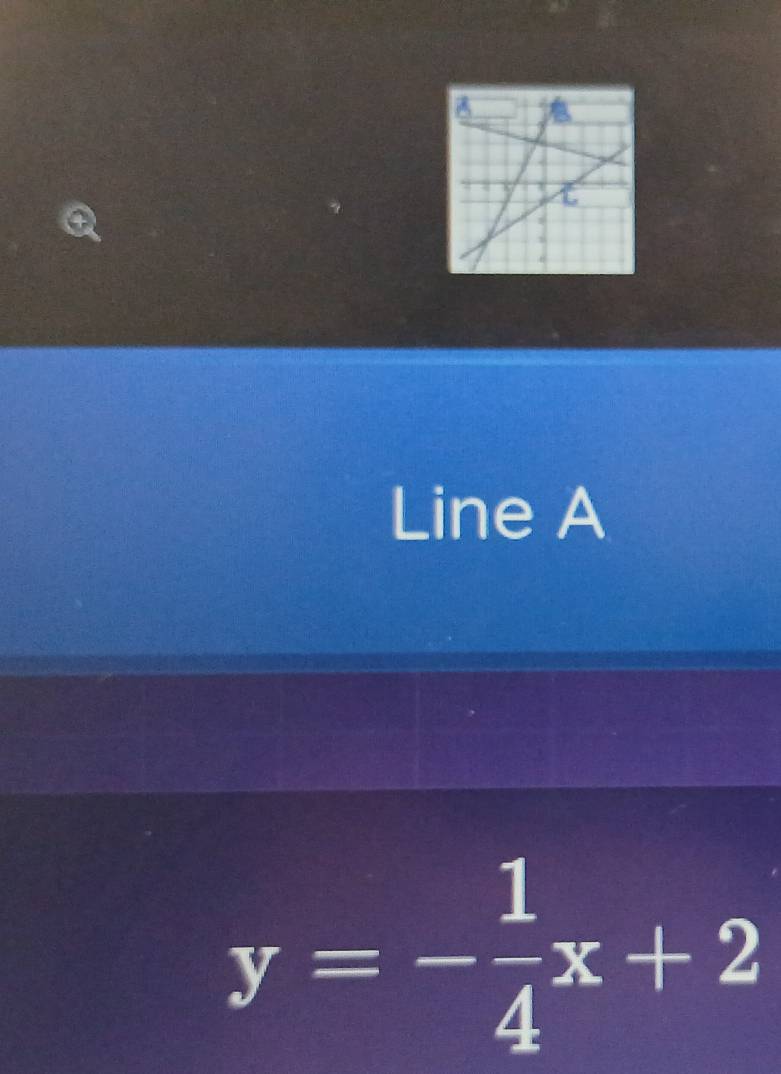 Line A
y=- 1/4 x+2