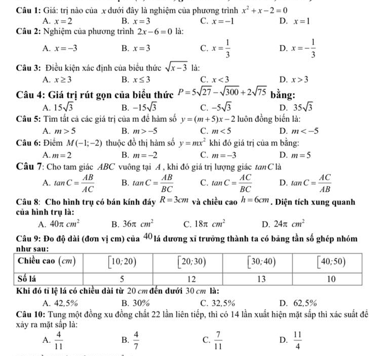 Giá: trị nào của x dưới đây là nghiệm của phương trình x^2+x-2=0
A. x=2 B. x=3 C. x=-1 D. x=1
Câu 2: Nghiệm của phương trình 2x-6=0 là:
A. x=-3 B. x=3 C. x= 1/3  D. x=- 1/3 
Câu 3: Điều kiện xác định của biểu thức sqrt(x-3) là:
A. x≥ 3 B. x≤ 3 C. x<3</tex> D. x>3
Câu 4: Giá trị rút gọn của biểu thức P=5sqrt(27)-sqrt(300)+2sqrt(75) bằng:
A. 15sqrt(3) B. -15sqrt(3) C. -5sqrt(3) D. 35sqrt(3)
Câu 5: Tìm tất cả các giá trị của m đề hàm số y=(m+5)x-2 luồn đồng biến là:
A. m>5 B. m>-5 C. m<5</tex> D. m
Câu 6: Điểm M(-1;-2) thuộc đồ thị hàm số y=mx^2 khi đó giá trị của m bằng:
A. m=2 B. m=-2 C. m=-3 D. m=5
Câu 7: Cho tam giác ABC vuông tại A , khi đó giá trị lượng giác tanC là
A. tan C= AB/AC  B. tan C= AB/BC  C. tan C= AC/BC  D. tan C= AC/AB 
Câu 8: Cho hình trụ có bán kính đáy R=3cm và chiều cao h=6cm. Diện tích xung quanh
của hình trụ là:
A. 40π cm^2 B. 36π cm^2 C. 18π cm^2 D. 24π cm^2
Câu 9: Đo độ dài (đơn vị cm) của 40 lá dương xỉ trưởng thành ta có bảng tần số ghép nhóm
Khi đó tỉ lệ lá có chiều dài từ 20 cm đến dưới 30 cm là:
A. 42,5% B. 30% C. 32,5% D. 62.5%
Câu 10: Tung một đồng xu đồng chất 22 lần liên tiếp, thì có 14 lần xuất hiện mặt sắp thì xác suất đề
xảy ra mặt sắp là:
A.  4/11   4/7   7/11  D.  11/4 
B.
C.