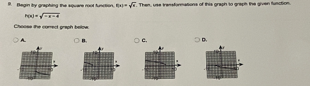 Begin by graphing the square root function, f(x)=sqrt(x). Then, use transformations of this graph to graph the given function.
h(x)=sqrt(-x-4)
Choose the correct graph below. 
A. 
B. 
C. 
D.