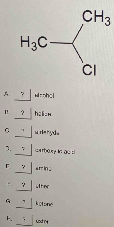 ? alcohol
B. ? halide
C. ？ aldehyde
D. carboxylic acid
E. ？ amine
F. ？ ether
G. €？ ketone
H. ？ ester