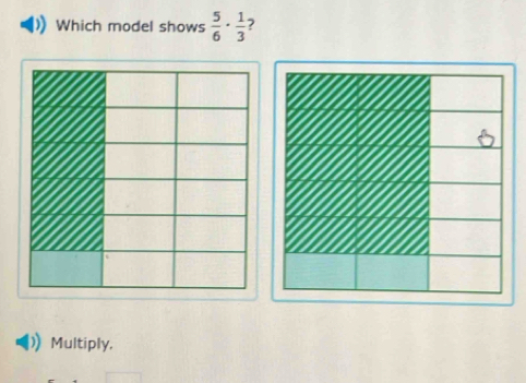 Which model shows  5/6 ·  1/3  ? 
Multiply,