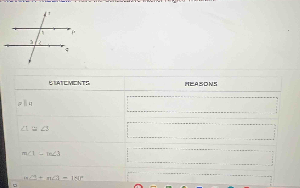 STATEMENTS REASONS
pparallel q
∠ 1≌ ∠ 3
m∠ 1=m∠ 3
m∠ 2+m∠ 3=180°