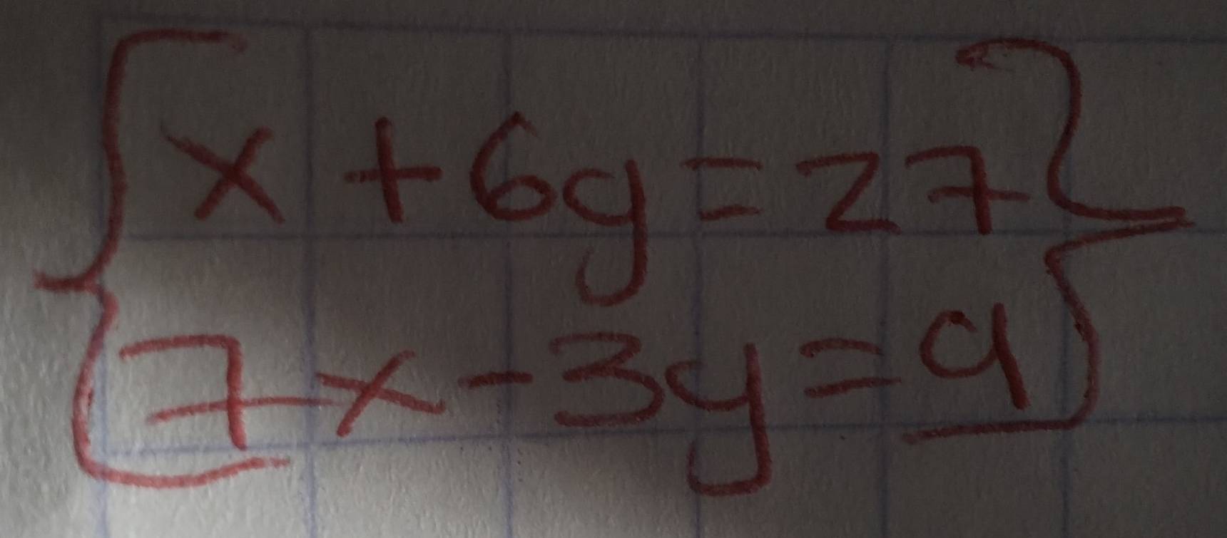 beginarrayl x+6y=272 7x-3y=9endarray.