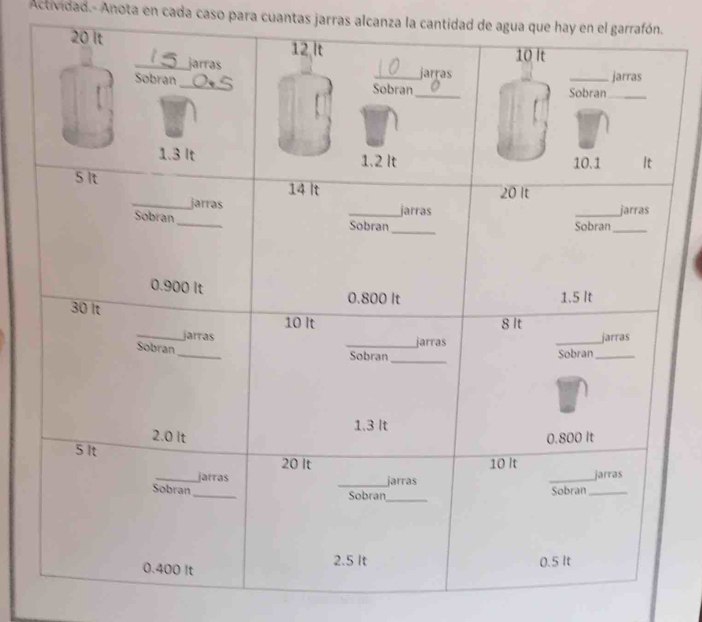 Actividad.- Anota en cada caso para cuantas jarras alcanza la cantidad de agua que hay en el garrafón.