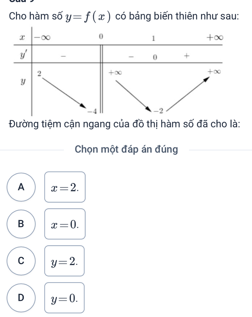 Cho hàm số y=f(x) có bảng biến thiên như sau:
Đường tiệm cận ngang của đồ thị hàm số đã cho là:
Chọn một đáp án đúng
A x=2.
B x=0.
C y=2.
D y=0.