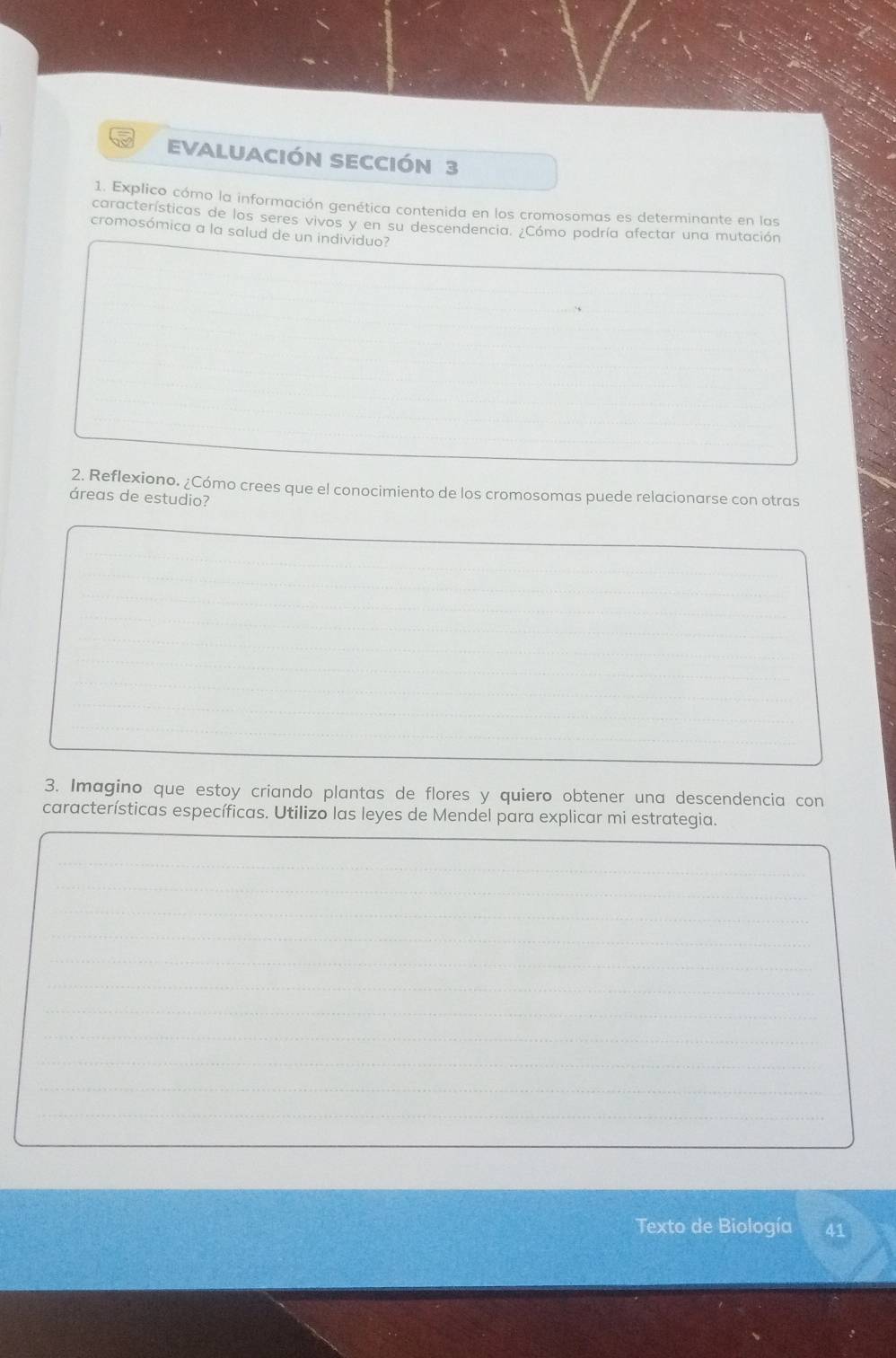 EVALUACIÓN SECCIón 3 
1. Explico cómo la información genética contenida en los cromosomas es determinante en las 
características de los seres vivos y en su descendencia. ¿Cómo podría afectar una mutación 
cromosómica a la salud de un individuo? 
2. Reflexiono. ¿Cómo crees que el conocimiento de los cromosomas puede relacionarse con otras 
áreas de estudio? 
_ 
_ 
_ 
_ 
_ 
_ 
_ 
_ 
_ 
_ 
3. Imagino que estoy criando plantas de flores y quiero obtener una descendencia con 
características específicas. Utilizo las leyes de Mendel para explicar mi estrategia. 
_ 
_ 
_ 
_ 
_ 
_ 
_ 
_ 
_ 
_ 
_ 
_ 
Texto de Biología