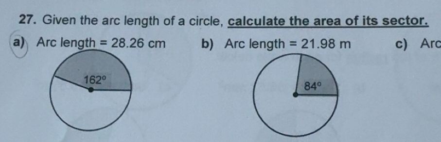 Solved: Given the arc length of a circle, calculate the area of its ...