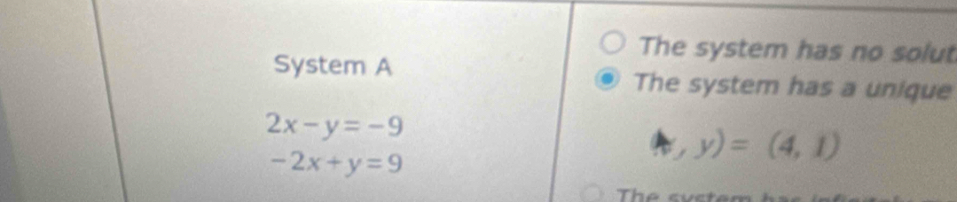 The system has no solut
System A The system has a unique
2x-y=-9
-2x+y=9
(x,y)=(4,1)