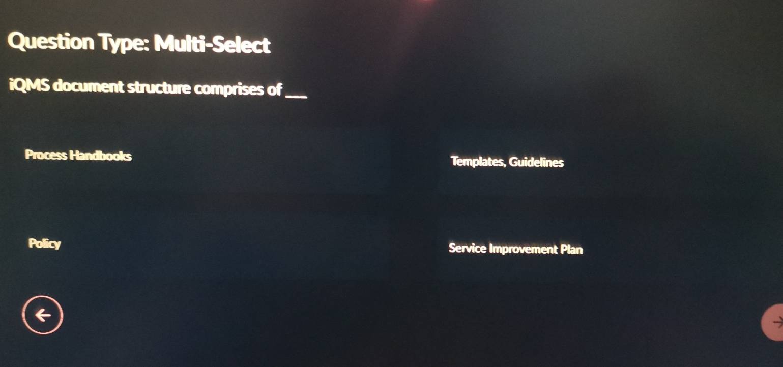 Question Type: Multi-Select 
iQMS document structure comprises of_ 
Process Handbooks Templates, Guidelines 
Policy Service Improvement Plan