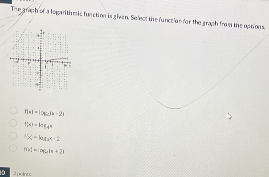 The graph of a logarithmic function is given. Select the function for the graph from the options.
f(x)=log _4(x-2)
f(x)=log _4x
f(x)=log _4x-2
f(x)=log _4(x+2)
O 2 points