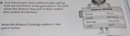 Four friends each took a different path walking 
from the lunchroom to the gymnasium. The table 
shows the distance that each of them walked. 
Who walked the farthest?