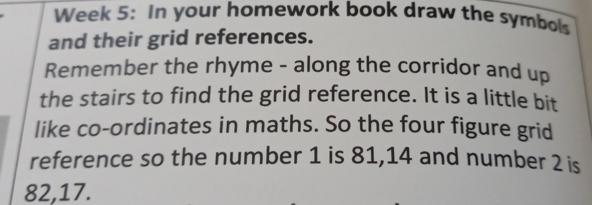 Week 5: In your homework book draw the symbols 
and their grid references. 
Remember the rhyme - along the corridor and up 
the stairs to find the grid reference. It is a little bit 
like co-ordinates in maths. So the four figure grid 
reference so the number 1 is 81, 14 and number 2 is
82, 17.