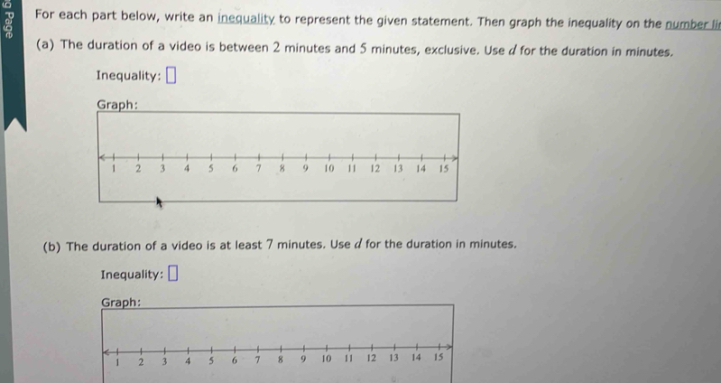 Solved: For each part below, write an inequality to represent the given ...