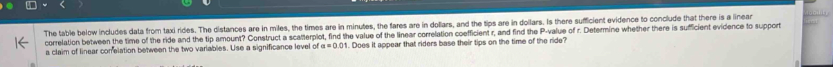 The table below includes data from taxi rides. The distances are in miles, the times are in minutes, the fares are in dollars, and the tips are in dollars. Is there sufficient evidence to conclude that there is a linear 
correlation between the time of the ride and the tip amount? Construct a scatterplot, find the value of the linear correlation coefficient r, and find the P -value of r. Determine whether there is sufficient evidence to support 
a claim of linear correlation between the two variables. Use a significance level of . Does it appear that riders base their tips on the time of the ride?