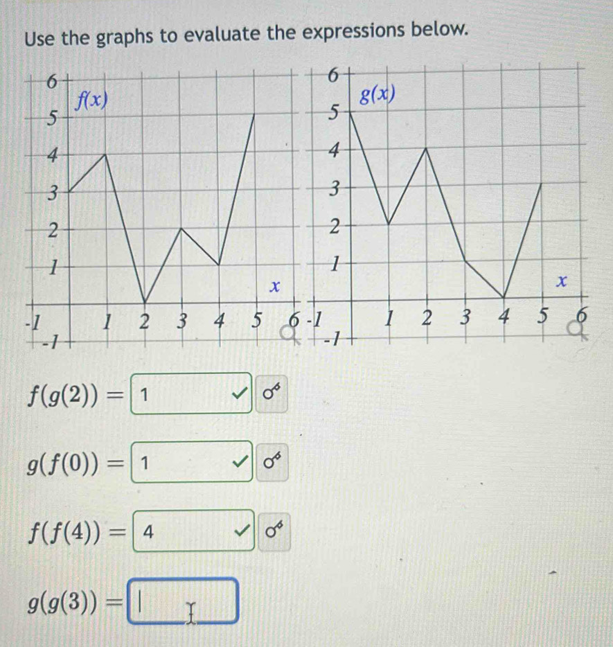 Use the graphs to evaluate the expressions below.
f(g(2))= 1vee  c sigma^6
g(f(0))= 1 0^6
f(f(4))= 4  4       0^6
g(g(3))=□