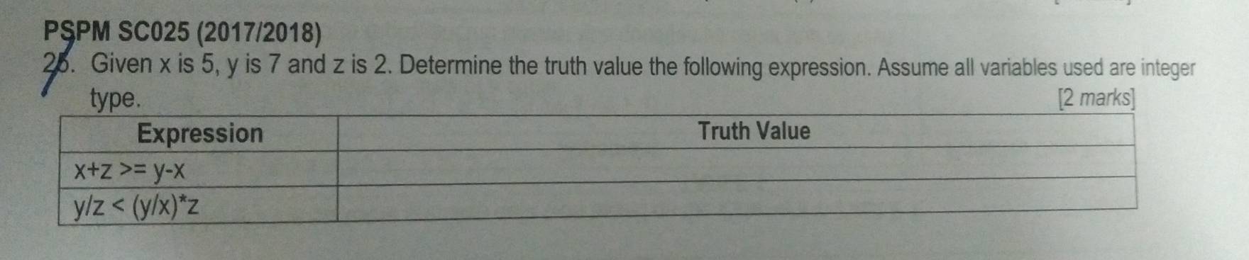 PŞPM SC025 (2017/2018)
25. Given x is 5, y is 7 and z is 2. Determine the truth value the following expression. Assume all variables used are integer