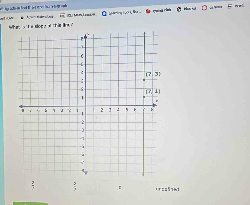 ath/grade-8/find-the-slope-from-a-graph
bo t!- En t. ActiveStudent Logi IXL | Ma th, La ngu a .... Learning tools, flas... typing club bl oo ket
canva s ev er li
What is the slope of this line?
- 2/7 
0
 2/7  undefined