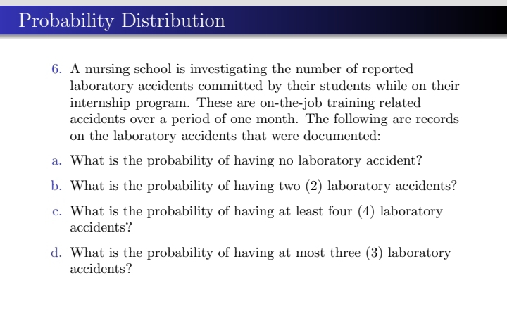 Probability Distribution 
6. A nursing school is investigating the number of reported 
laboratory accidents committed by their students while on their 
internship program. These are on-the-job training related 
accidents over a period of one month. The following are records 
on the laboratory accidents that were documented: 
a. What is the probability of having no laboratory accident? 
b. What is the probability of having two (2) laboratory accidents? 
c. What is the probability of having at least four (4) laboratory 
accidents? 
d. What is the probability of having at most three (3) laboratory 
accidents?