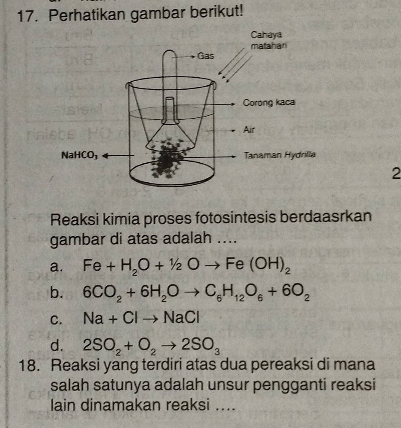 Perhatikan gambar berikut!
2
Reaksi kimia proses fotosintesis berdaasrkan
gambar di atas adalah ....
a. Fe+H_2O+1/2Oto Fe(OH)_2
b. 6CO_2+6H_2Oto C_6H_12O_6+6O_2
C. Na+Clto NaCl
d. 2SO_2+O_2to 2SO_3
18. Reaksi yang terdiri atas dua pereaksi di mana
salah satunya adalah unsur pengganti reaksi
lain dinamakan reaksi ....