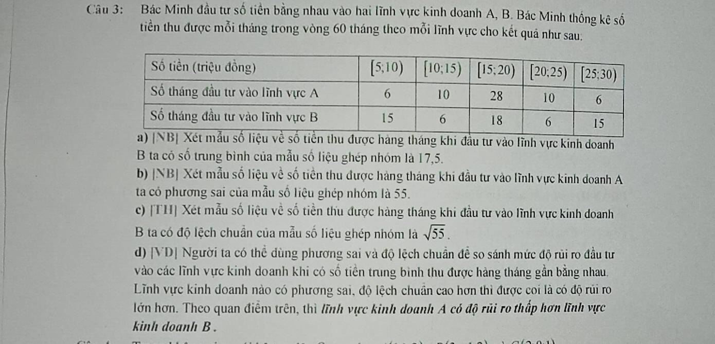 Bác Minh đầu tự số tiền bằng nhau vào hai lĩnh vực kinh doanh A, B. Bác Minh thống kê số
tiền thu được mỗi tháng trong vòng 60 tháng theo mỗi lĩnh vực cho kết quả như sau:
hu được hàng tháng khi đầu tư vào lĩnh vực kinh doanh
B ta có số trung bình của mẫu số liệu ghép nhóm là 17,5.
b) [NB] Xét mẫu số liệu về số tiền thu được hàng tháng khi đầu tư vào lĩnh vực kinh doanh A
ta có phương sai của mẫu số liệu ghép nhóm là 55.
c) [TH] Xét mẫu số liệu về số tiền thu được hàng tháng khi đầu tư vào lĩnh vực kinh doanh
B ta có độ lệch chuẩn của mẫu số liệu ghép nhóm là sqrt(55).
d) [VD| Người ta có thể dùng phương sai và độ lệch chuẩn đề so sánh mức độ rũi ro đầu tư
vào các lĩnh vực kinh doanh khi có số tiền trung bình thu được hàng tháng gần bằng nhau.
Lĩnh vực kinh doanh nào có phương sai, độ lệch chuẩn cao hơn thì được coi là có độ rủi ro
lớn hơn. Theo quan điểm trên, thì lĩnh vực kinh doanh A có độ rũi ro thấp hơn lĩnh vực
kinh doanh B .