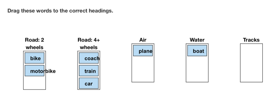 Drag these words to the correct headings.
Road: 2 Road: 4+ Air Water Tracks
wheels wheels
plane boat
bike coach
motorbike train
car