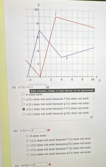 Enter a fraction, integer, or exact decimal. Do not approxímate.
It does exist.
u'(1) does not exist because f'(6) does not exist.
u^(wedge)(1) does not exist because g'(1) does not exist.
u^(wedge)(1) does not exist because f'(7) does not exist.
u^4(1) does not exist because g'(6) does not exist.
×
(b) v'(1)=4*
It does exist.
v'(1) does not exist because f'(1) does not exist.
v'(1) does not exist because g'(1) does not exist.
v'(1) does not exist because f'(3) does not exist.
v'(1) does not exist because g'(3) does not exist.
(c) w'(1)= 9*