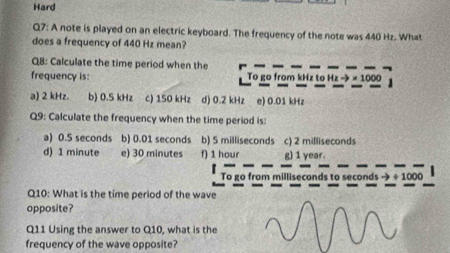 Hard
Q7: A note is played on an electric keyboard. The frequency of the note was 440 Hz. What
does a frequency of 440 Hz mean?
Q8: Calculate the time period when the
frequency is: To go from kHz to Hz « 1000
a) 2 kHz. b) 0.5 kHz c) 150 kHz d) 0.2 kHz e) 0.01 kHz
Q9: Calculate the frequency when the time period is:
a) 0.5 seconds b) 0.01 seconds b) 5 milliseconds c) 2 mifliseconds
d) 1 minute e) 30 minutes f) 1 hour g) 1 year.
To go from milliseconds to seconds ÷ 1000
Q10: What is the time period of the wave
opposite?
Q11 Using the answer to Q10, what is the
frequency of the wave opposite?