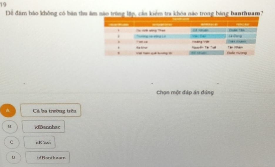 19
Để đám báo không có bản thu âm não trùng lập, cần kiểm tra khóa nào trong bảng banthuam?
Chọn một đáp án đúng
A Cà ba trường trên
B idBannhac
C idCasi
D idBanthuam