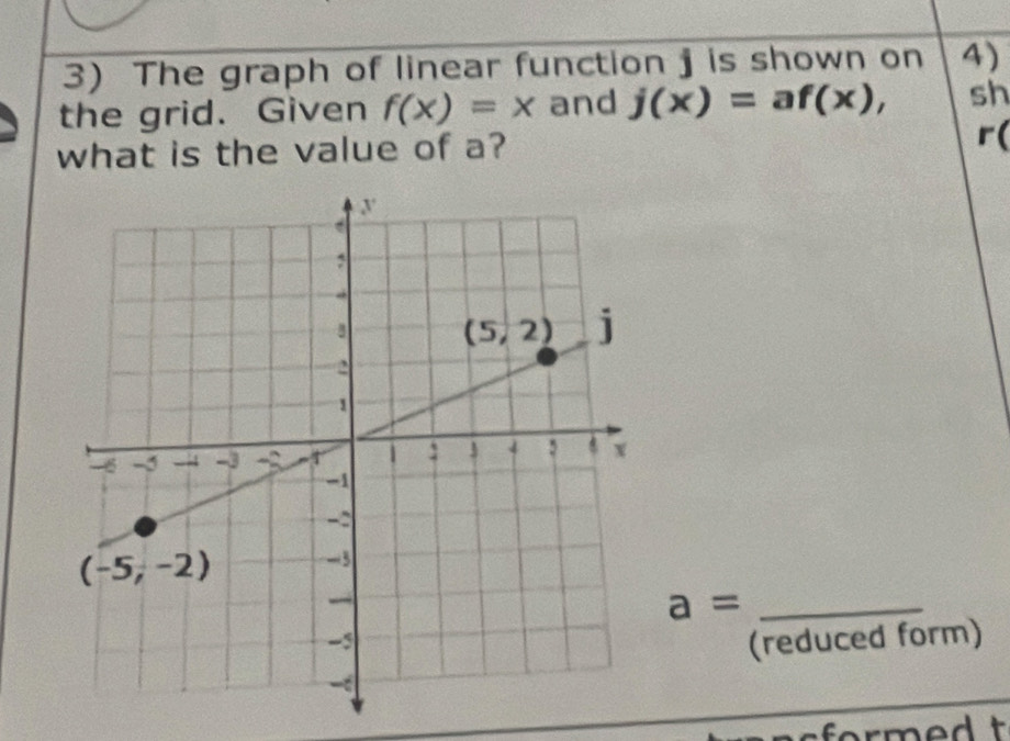 The graph of linear function j is shown on 4)
the grid. Given f(x)=x and j(x)=af(x), sh
what is the value of a?
r(
_ a=
(reduced form)
sformed  t