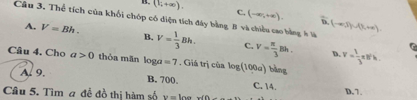 B. (1;+∈fty ). C. (-∈fty ,+∈fty ). 
Câu 3. Thể tích của khối chóp có diện tích đây bằng B và chiều cao bằng h là (-∈fty ,0)∪ (k,+∈fty ). 
D.
A. V=Bh. B. V= 1/3 Bh. C. V= π /3 Bh. V= 1/3 π B^2h.
G
D.
Câu 4. Cho a>0 thỏa mãn log a=7. Giá trị của log (100a) bǎng
A. 9. B. 700. C. 14. D. 7.
Câu 5. Tìm a đề đồ thị hàm số v=l ax(0