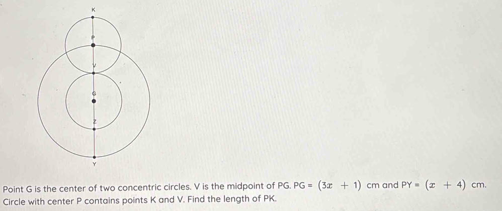 K
Point G is the center of two concentric circles. V is the midpoint of PG. PG=(3x+1) cm and PY=(x+4)cm
Circle with center P contains points K and V. Find the length of PK.