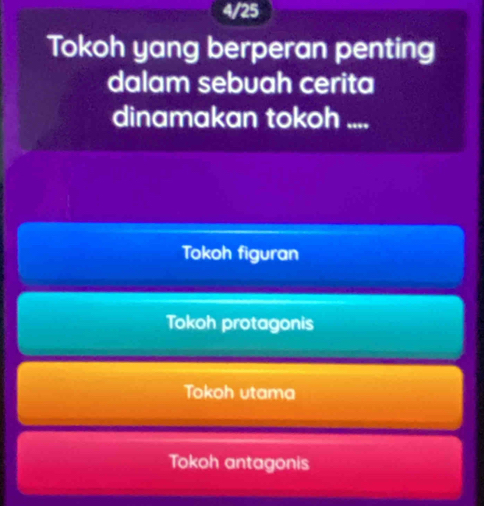 4/25
Tokoh yang berperan penting
dalam sebuah cerita
dinamakan tokoh ....
Tokoh figuran
Tokoh protagonis
Tokoh utama
Tokoh antagonis