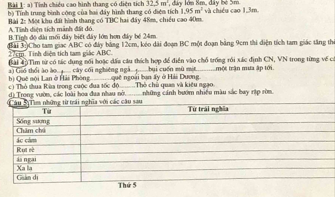 Tính chiều cao hình thang có diện tích 32, 5m^2 , đây lớn 8m, đây bé 5m. 
b) Tính trung bình cộng của hai đáy hình thang có diện tích 1,95m^2 và chiều cao 1,3m. 
Bài 2: Một khu đất hình thang có TBC hai đáy 48m, chiều cao 40m. 
A Tính diện tích mảnh đất đó. 
B.Tính độ dài mối đáy biết đáy lớn hơn đáy bé 24m
(Bài 3:)Cho tam giac ABC có đáy băng 12cm, kéo dài đoạn BC một đoạn bằng 9cm thì diện tích tam giác tăng thể
27cm. Tính diện tích tam giác ABC. 
Bài 4 Tìm từ có tác dụng nối hoặc dấu câu thích hợp để điển vào chỗ trống rồi xác định CN, VN trong từng vế cá 
a) Gió thổi ào ào. cây cối nghiêng ng bui uốn mù mịt...........một trận mưa ập tới 
b) Quê nội Lan ở Hải Phòng quê ngoài bạn ấy ở Hải Dương 
c) Thỏ thua Rùa trong cuộc đua tốc độ.........Thỏ chủ quan và kiêu ngạo 
d) Trong vườn, các loài hoa đua nhau nờ..........những cánh bướm nhiều màu sắc bay rập rờn.