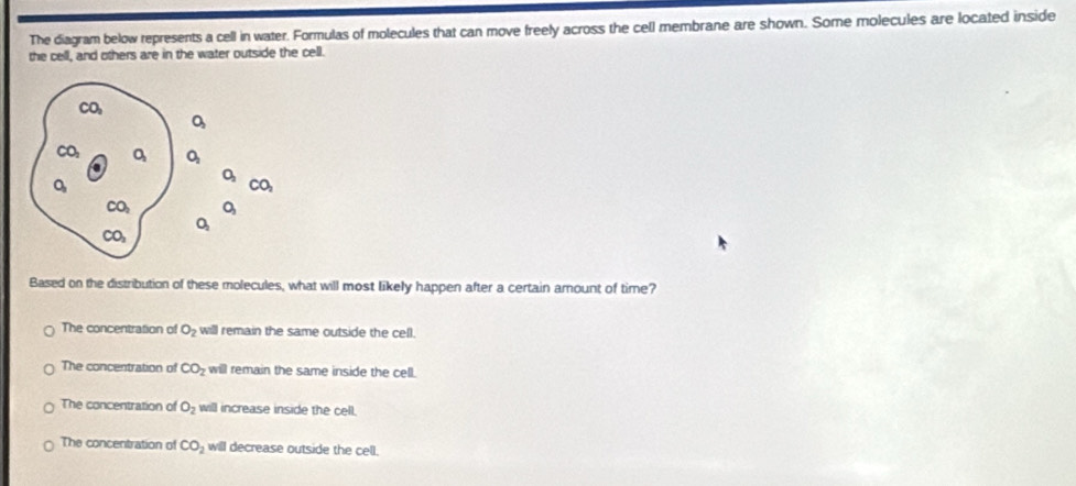 The diagram below represents a cell in water. Formulas of molecules that can move freely across the cell membrane are shown. Some molecules are located inside
the cell, and others are in the water outside the cell.
Based on the distribution of these molecules, what will most likely happen after a certain amount of time?
The concentration of O_2 will remain the same outside the cell.
The concentration of CO_2 will remain the same inside the cell.
The concentration of O_2 will increase inside the cell.
The concentration of CO_2 will decrease outside the cell.