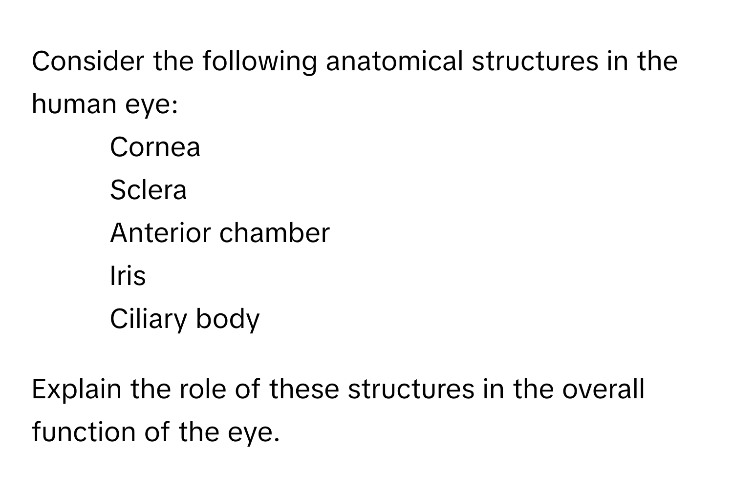 Consider the following anatomical structures in the human eye:
1. Cornea
2. Sclera
3. Anterior chamber
4. Iris
5. Ciliary body

Explain the role of these structures in the overall function of the eye.