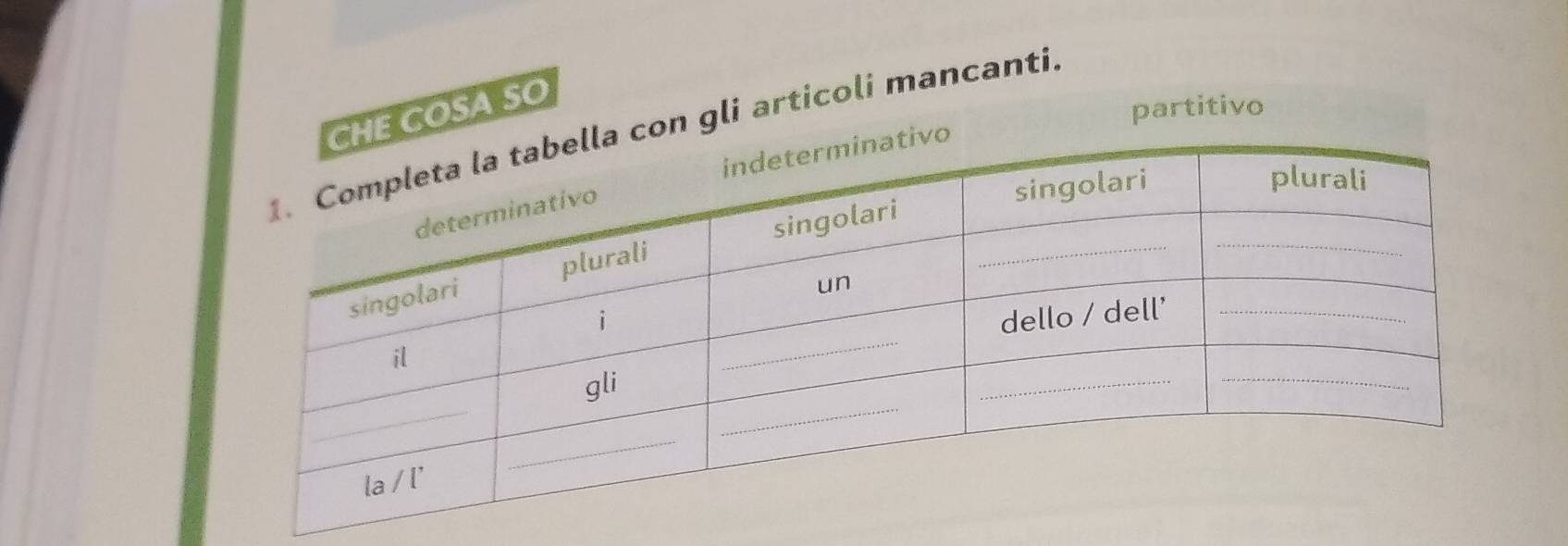 COSA SO 
partitivo 
on gli articoli mancanti.