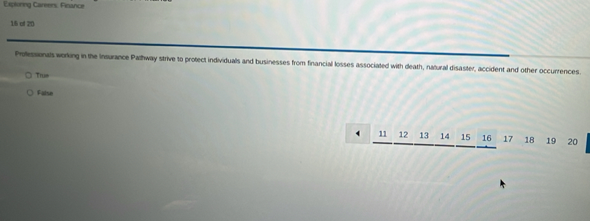 Exploring Careers, Finance
16 of 20
Professionals working in the Insurance Pathway strive to protect individuals and businesses from financial losses associated with death, natural disaster, accident and other occurrences.
True
False
11 12 13 14 15 16 17 18 19 20